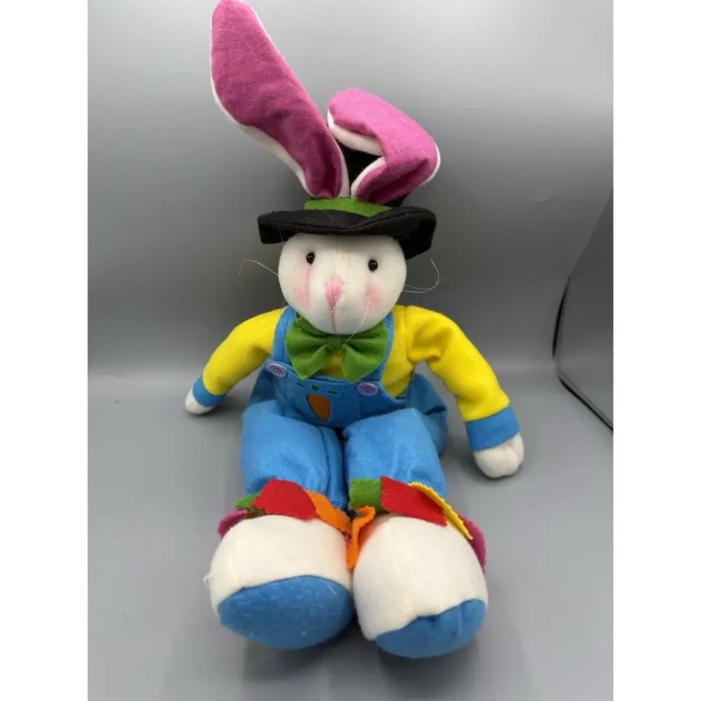 Easter Bunny Plush Felt Rabbit Top Hat Colorful Overalls 19” Decor